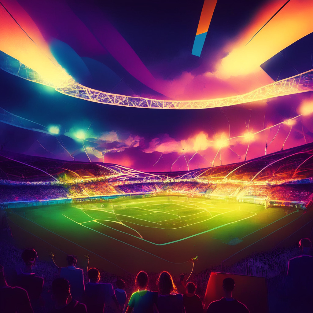 Illuminated soccer stadium at dusk, World of Women NFT artist celebrating Empowerment, inspired by Spanish player Alexia Putellas, vibrant colors, empowering, excited mood, sustainability-focused background, augmented reality, energetic, female player in action, historic victory scene, imaginative digital-art, renewable energy sources, contrast of technology and sports.