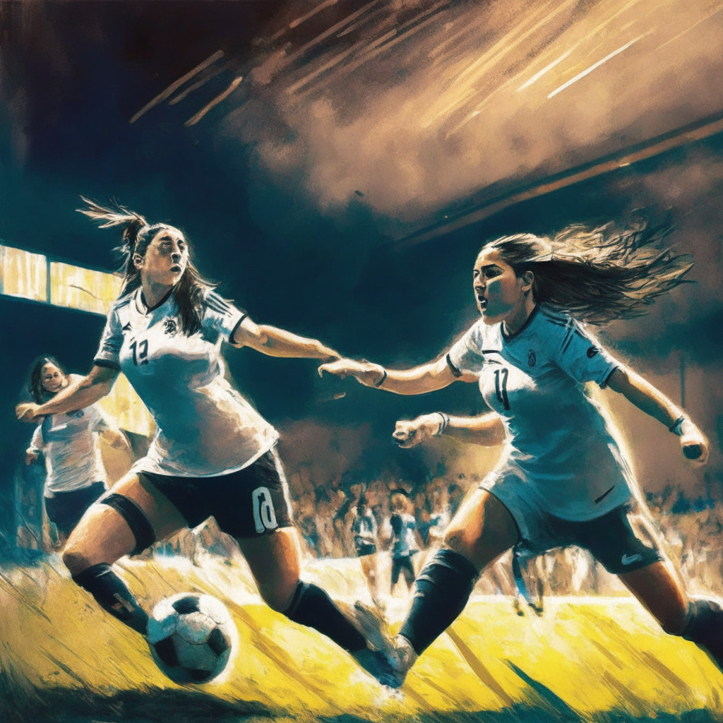 Intricate soccer scene, women's club captain Alexia Putellas scoring a goal, empowering transformation, Women's Champions League semi-final setting, chiaroscuro lighting, dynamic brushstrokes, uplifting mood, NFT artwork style, physical utilities hinted in the background.