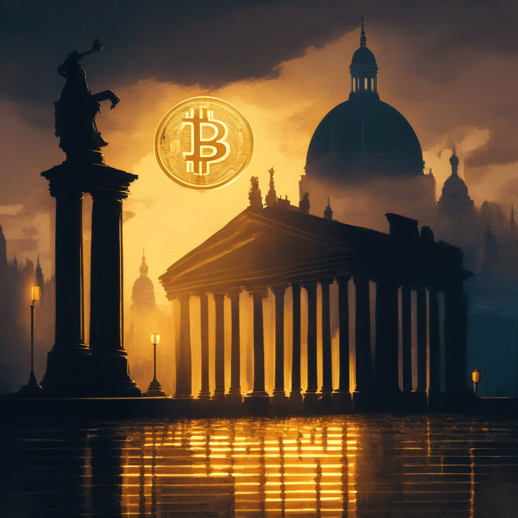 FCA approval of Bitstamp & Interactive Brokers, dusk cityscape with cryptocurrency symbols, secure vault, silhouettes of traders, Baroque-style brushstrokes, soft golden light casting a sense of security, artistic representation of anti-money laundering rules, calming mood reflecting safer crypto environment in the UK.