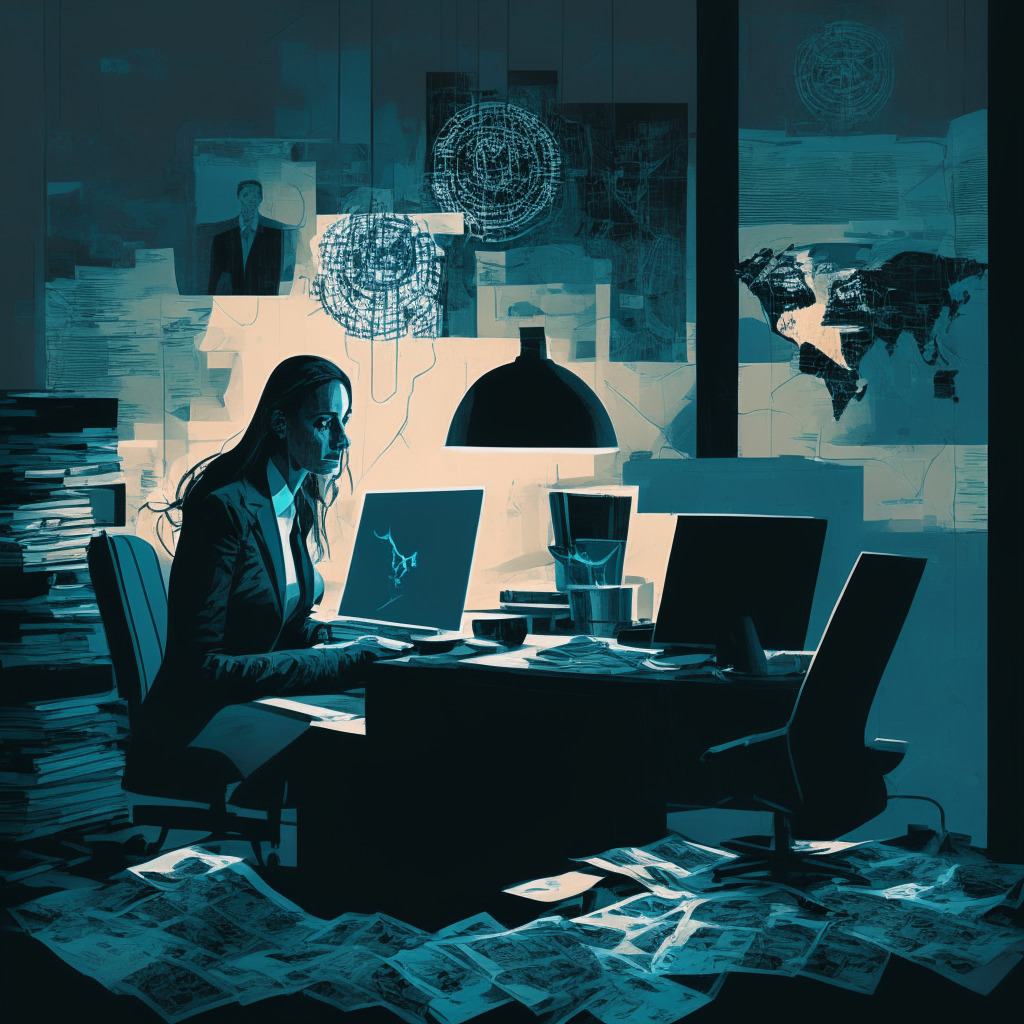 FCA leadership transition, dimly lit office setting, abstract art style, challenging atmosphere, serious mood. Intricate portrayal of Victoria McLoughlin, incoming interim Head of Market Interventions for digital assets, at work desk filled with papers and a laptop, surrounded by symbols of change and crypto regulation.