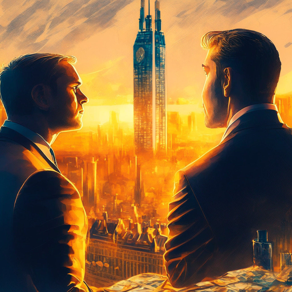 Skeptical crypto discussion, financial watchdog overlooking UK cityscape, golden hour lighting, bold brushstrokes, intricate detail, contrasting emotions of optimism & uncertainty, digital asset promoters, market debate. Focus on claims of inflation hedge, cautious promotion approach, evolving regulations.