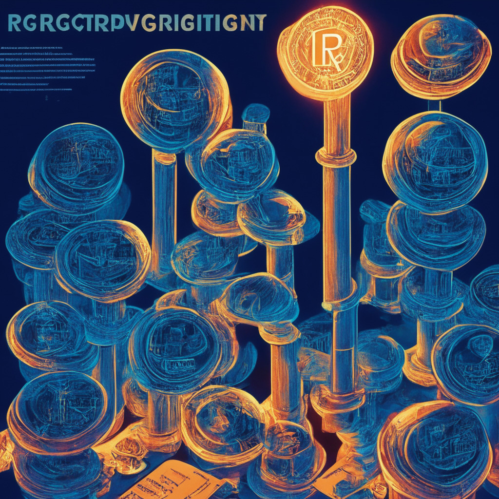 Regulatory oversight cast upon crypto exchange, illusory FDIC insurance claims, tension between traditional banking and cryptocurrency, chiaroscuro lighting illustrating conflict, harmonious balance of warm and cool colors, sense of urgency shaping the composition, a thought-provoking, metaphorical representation of the need for transparency and cooperation.