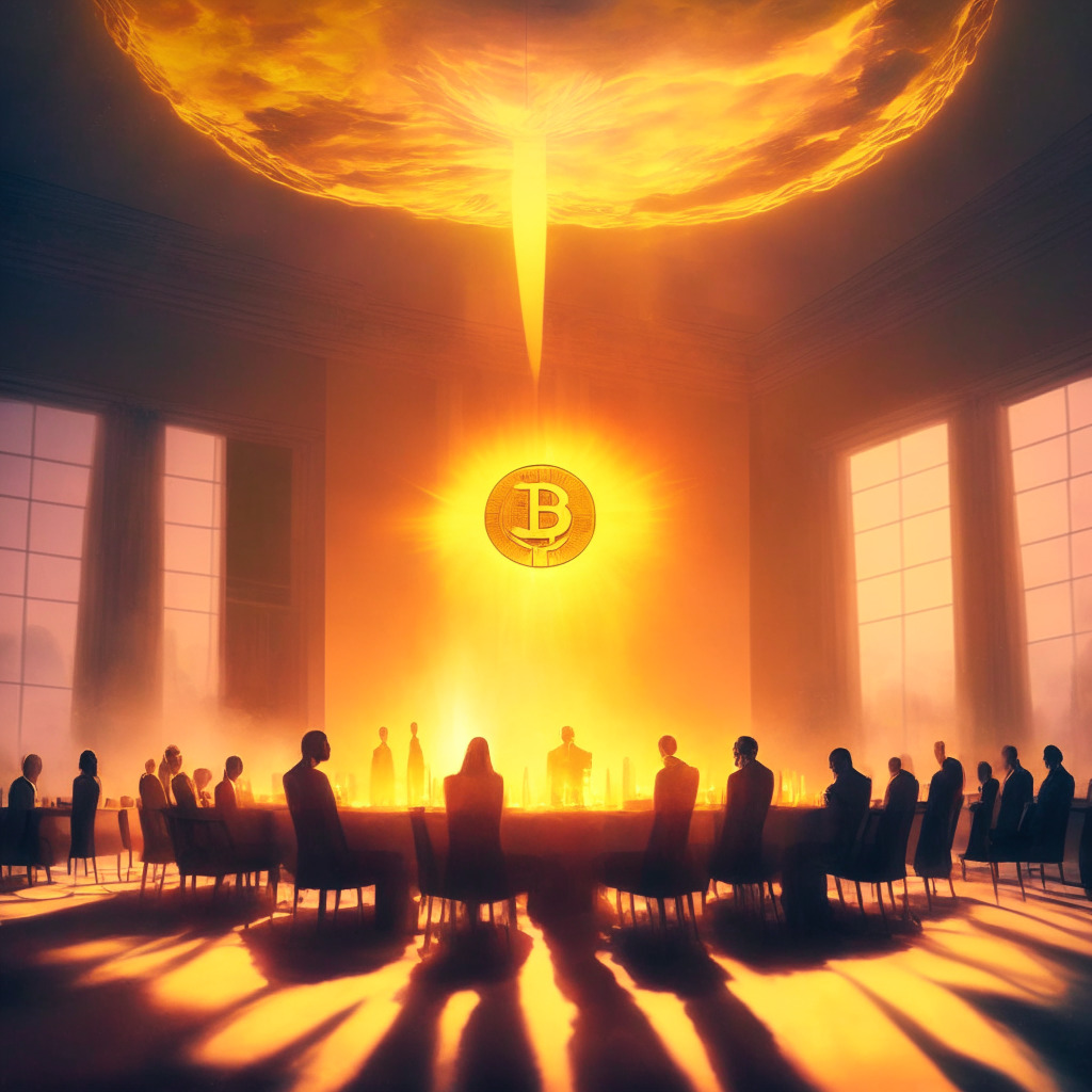 Ethereal FOMC meeting scene, hovering Bitcoin symbol, anticipating investors, calm contrasting colors, soft sunset lighting, subtle tension, dynamic price chart, hopeful vs hesitant mood, abstraction of US economy & recession, supporting vs breaking price levels, intricate cryptocurrency exchange background.