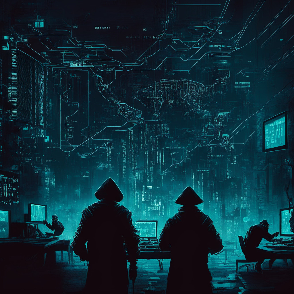 Digital cyber heist scene, a dark dramatic atmosphere, shadowy figures targeting cryptocurrency platform, intricate circuit board cityscape, tension-filled mood, glowing elements hint at decentralized finance, contrasting FBI and Homeland Security logos, subtle cyberpunk touch, recovery process underway, cautionary tale on the digital horizon.