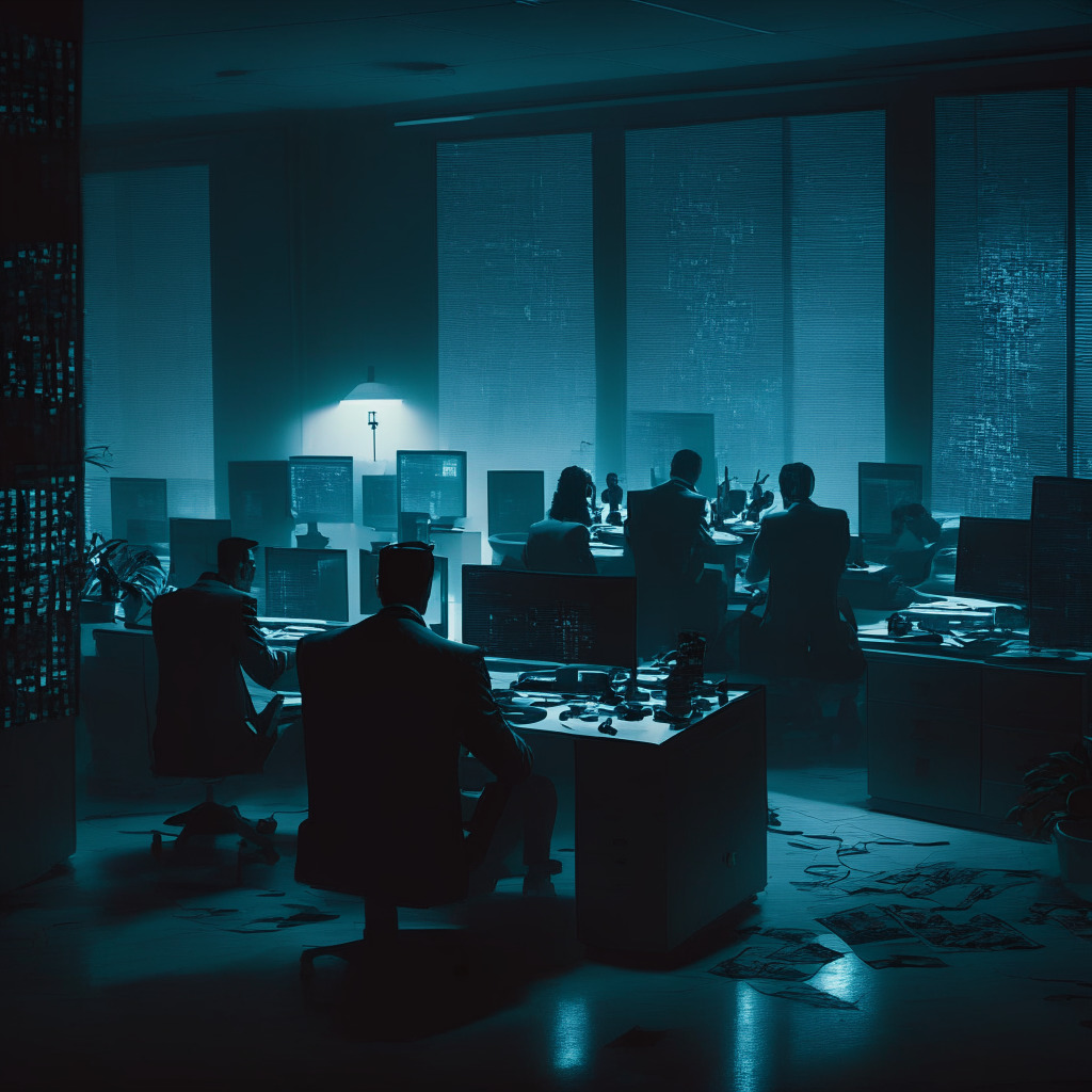 Cryptocurrency security breach scene, dimly lit office, hackers with glowing screens, tense atmosphere, film noir style, air of mystery, alarms blaring, cyberattack culprit escaping with crypto loot, display of advanced security measures vs evolving hacker tactics, urgent collaboration among agencies, mood: cautionary tale, vigilance in protection.