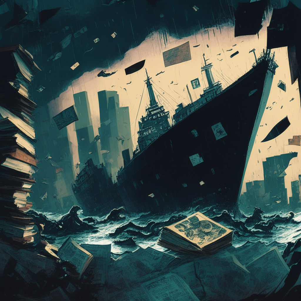 Dark, stormy cityscape with a sinking ship, fractured cryptocurrency coins scattered around, spotlight on an open legal book amidst chaos, subdued colors in expressionist style, shadows of concerned investors and murky regulatory figures looming in the distance, moody atmosphere reflecting economic uncertainty.