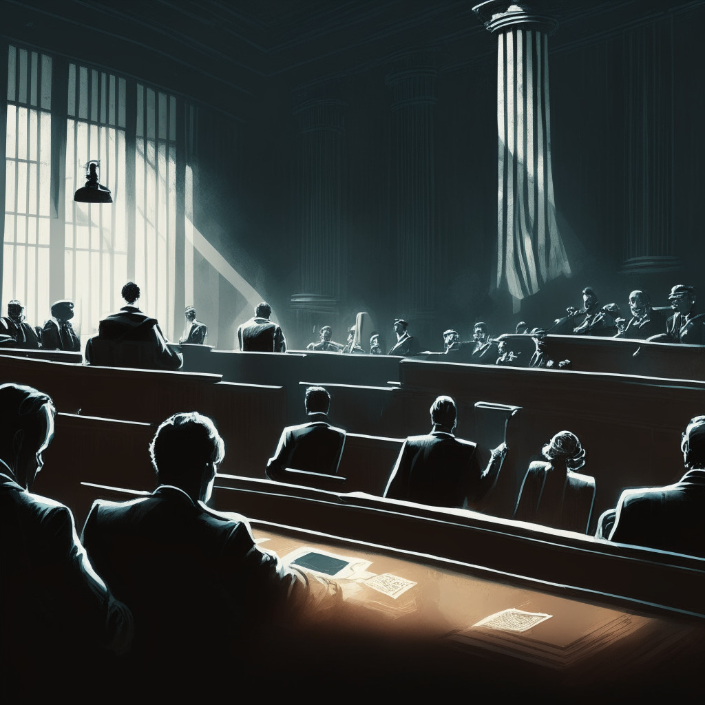 Intricate courtroom scene, judge presiding over FTX bankruptcy case, four media outlets (Bloomberg, Dow Jones, NYT, Financial Times) appealing for transparency, contrast between customer privacy and transparent information, subtle reference to cryptocurrencies, chiaroscuro lighting, atmosphere of tension and anticipation, modern chiaroscuro style.