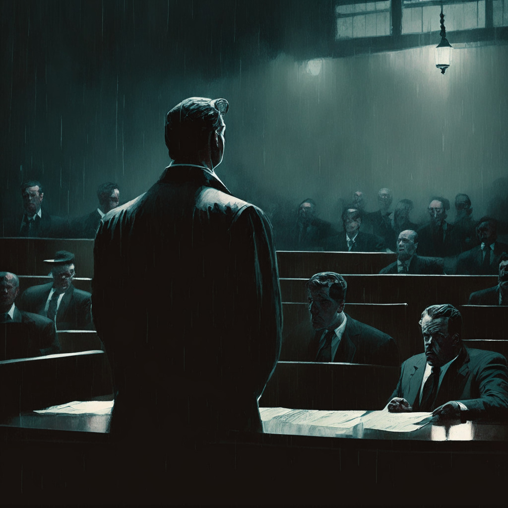 Dark, stormy courtroom scene, Sam Bankman-Fried stands in spotlight, tense expressions on onlookers, balanced scales of justice, hazy crypto exchange in background, contrasting hues of integrity & uncertainty, undercurrent of suspense and anticipation, dilemma of fraud versus mismanagement.