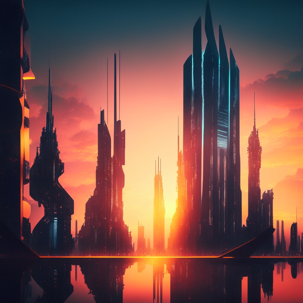 Futuristic city skyline representing AI advancements, an elegant glass building symbolizing Anthropic, a large holographic chatbot displaying Claude AI's capabilities, dramatic sunset lighting, a balance of light and shadow on the city, digital accents for artistic style, moody atmosphere portraying uncertainty in AI investments, no brands or logos.