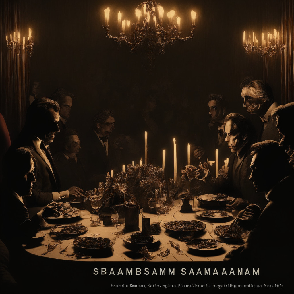 Crypto scandal scene: Intricate dinner party with billionaires and former Presidential candidate, dark and mysterious atmosphere, Sam Bankman-Fried meeting Michael Kives, moody shadows casting over high-stakes transactions, fraudulent activities lurking in the backdrop, a mix of Renaissance and Film Noir artistic styles, somber mood, an underlying tension surrounding the future of crypto regulation. (350 characters)
