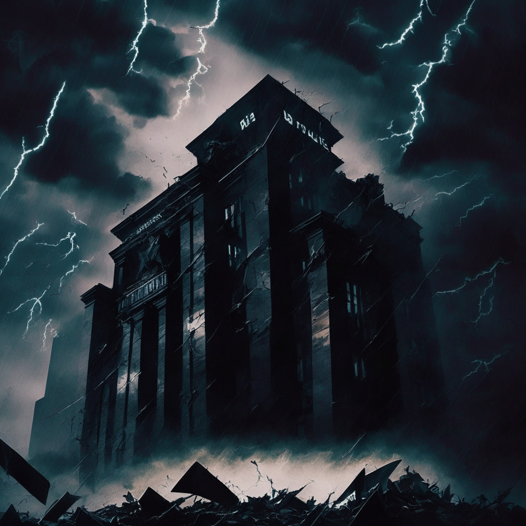 Dark, stormy sky over a crumbling financial building, tense atmosphere, chaos amid smoky ruins, silhouettes of deceived investors, shadows of executives fleeing justice, intense chiaroscuro, flickering lightning illuminating a shattered crypto sign, cautionary vibe of crypto market pitfalls.