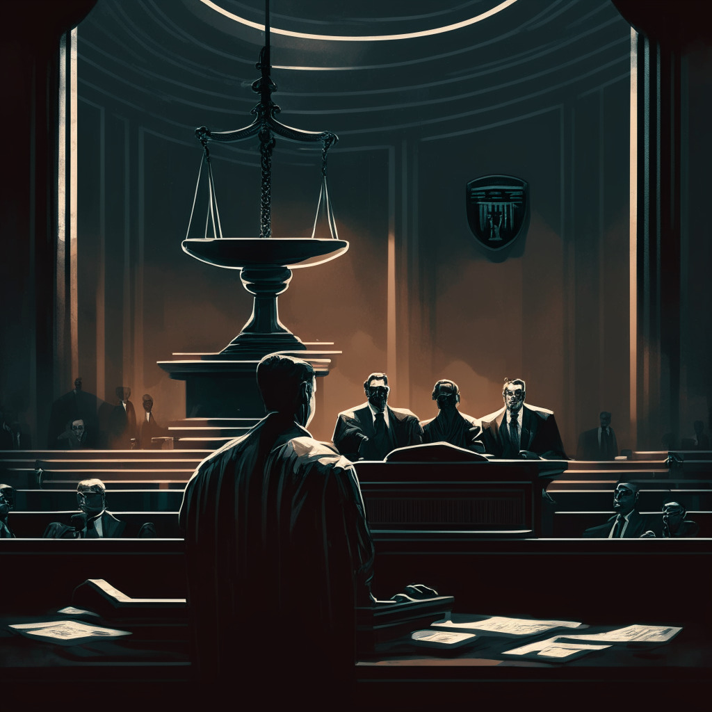 A courtroom scene with a balance scale, judge denying pretrial motions, FTX founder with a worried expression, cryptocurrencies and traditional financial pillars in the background, dark and intense lighting, tense mood, contrasting modern and classic styles, visual representation of innovation and regulation conflict.