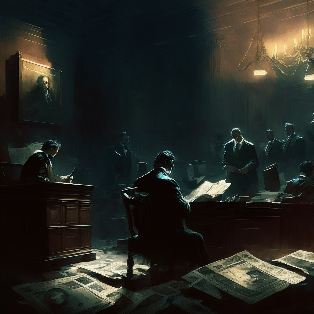 Cryptocurrency exchange turmoil, former CEO facing two trials, legal battles with regulators, uncertain market impact, cautionary tale. Scene: Intense courtroom drama, dimly lit environment, scales of justice, digital coins and legal documents scattered, somber mood, chiaroscuro painting style.