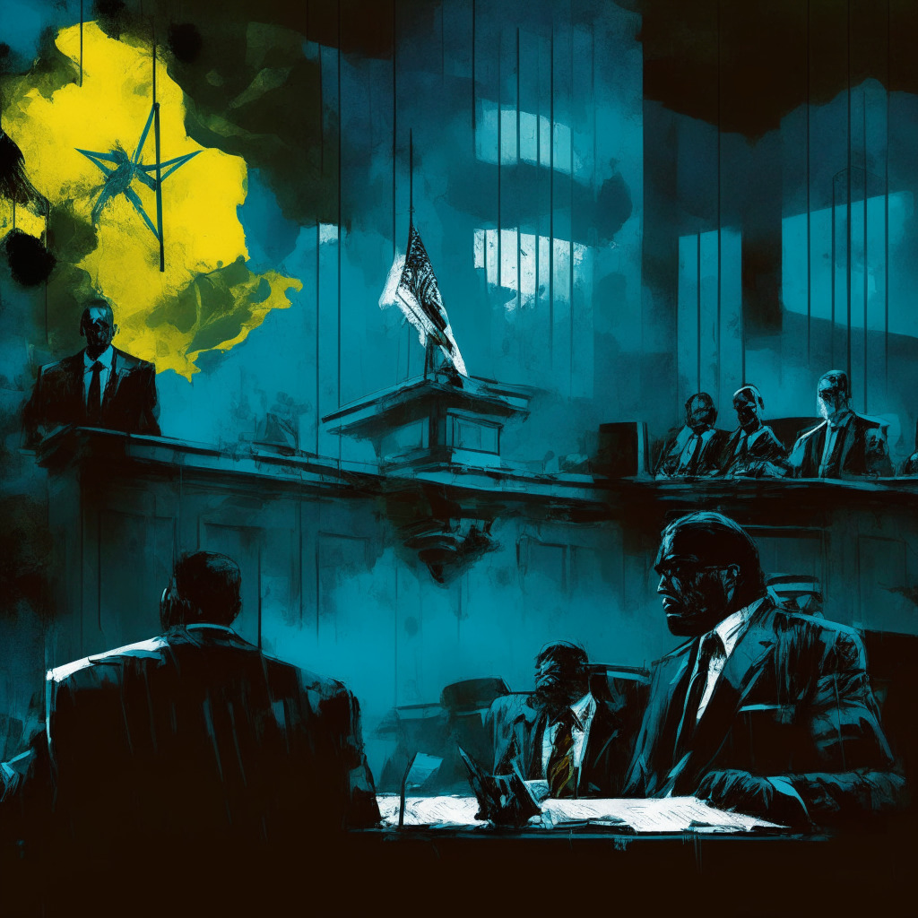 Intricate legal battle scene, somber courtroom, FTX founder with attorneys, intense mood, chiaroscuro lighting, vivid colors, abstract-expressionist style, U.S. and Bahamian flags, crypto background, scales of justice, foggy trial schedule, uncertainty looming.