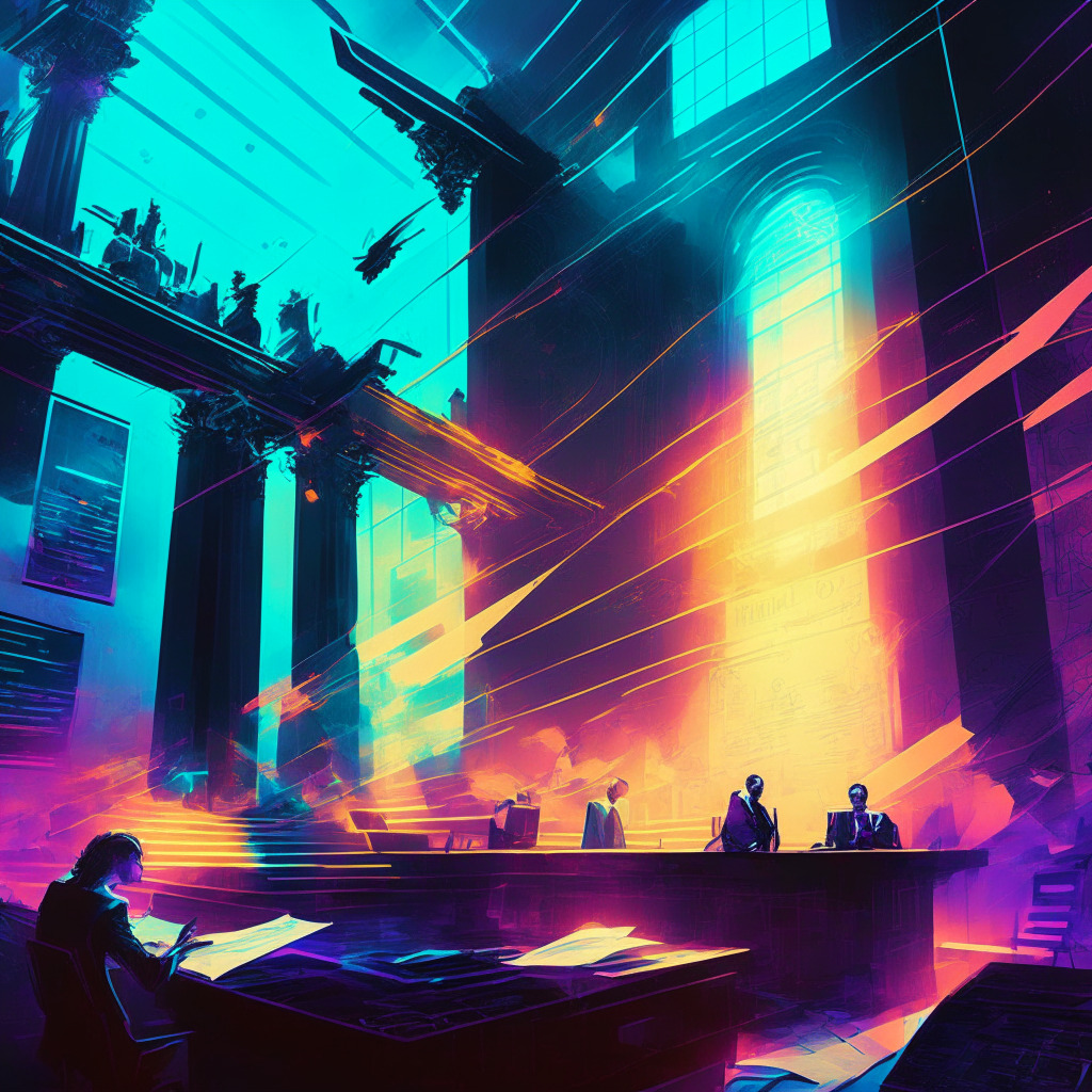 Intricate courtroom scene, clashing light/dark imagery, tension in the air, legal documents scattered, contrasting with a futuristic AI startup backdrop, vibrant colors, technological advancements, soaring stock charts, optimism, ethereal glow, a sense of opportunity, contrasting moods of uncertainty and potential success.