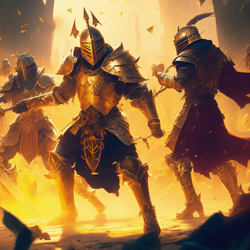 Cryptocurrency-infused battlefield, medieval warriors with on-chain armor, warm golden light caressing the scene, engaging action role-playing atmosphere, spellbinding blockchain-powered economy, fierce characters participating in tournaments, mysterious world with vibrant hues, a tinge of skepticism in the air, players shaping the game's destiny, eager anticipation for the public launch.
