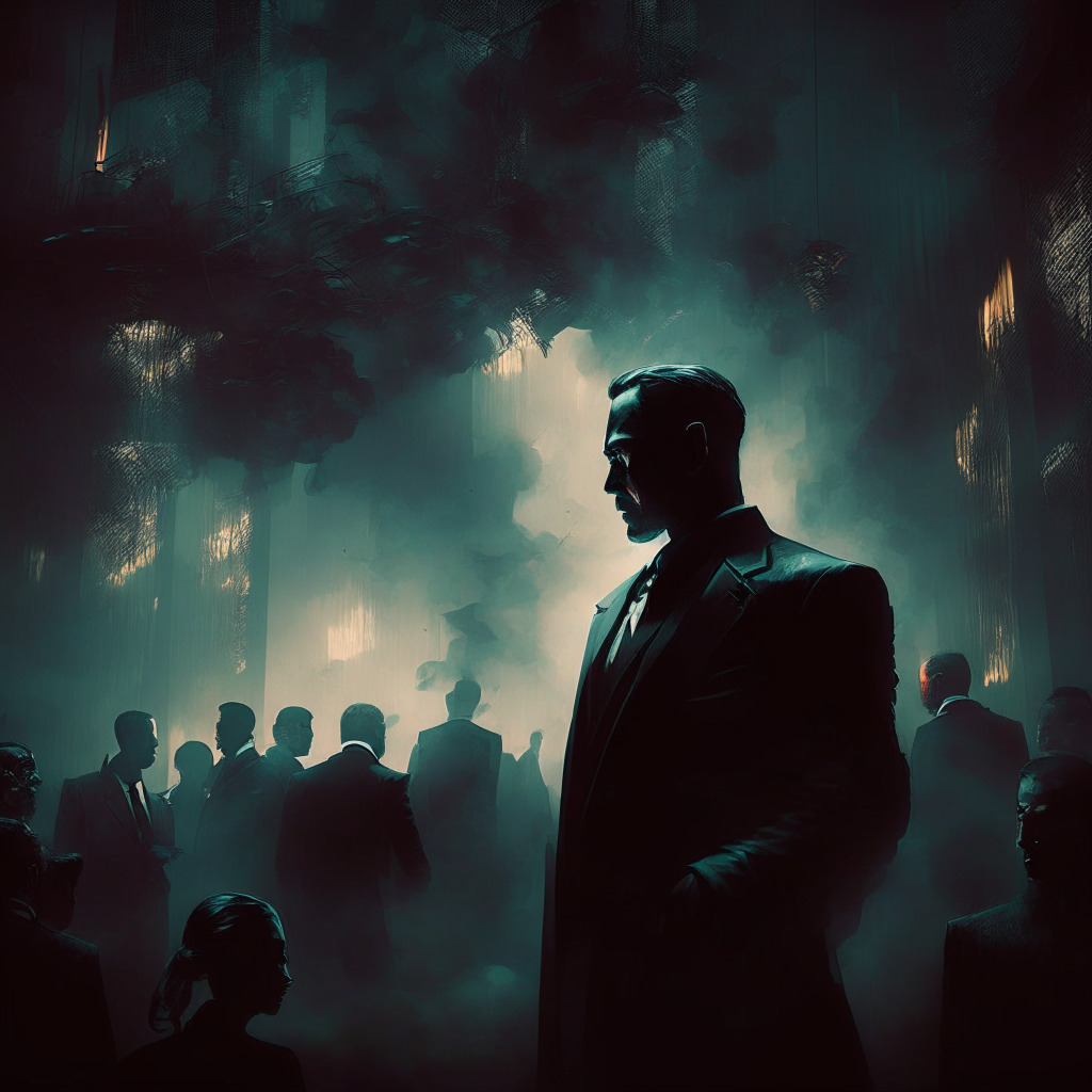 Dystopian cyber-noir scene, former crypto boss in shadows, lavish social event in background, intense chiaroscuro lighting, tension-filled atmosphere, glimmers of shattered dreams, somber color palette, crumbling empire symbolism, rising smoke of legal battles, cautionary tones, intricate web of connections.
