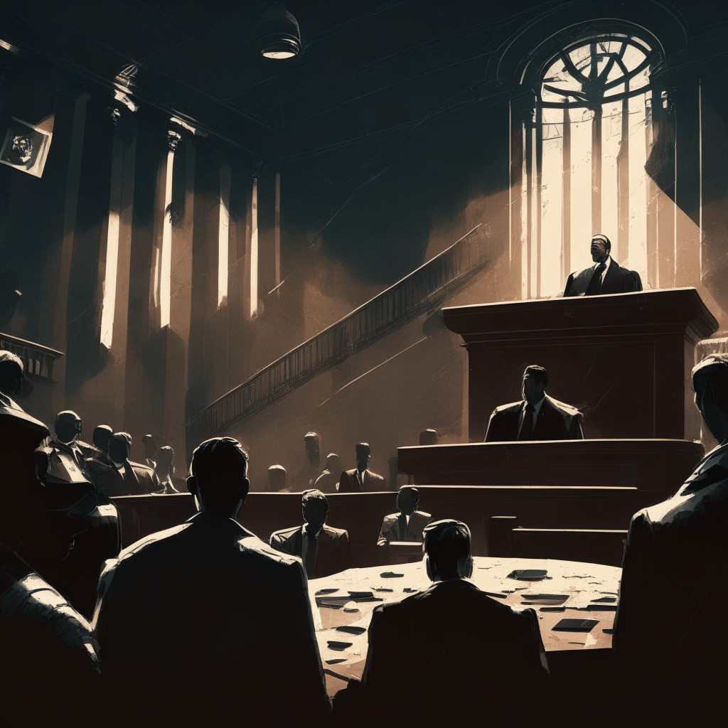 Dramatic courtroom scene with tense atmosphere, dark, moody lighting, a prominent figure facing fraud charges, shadows of SEC and South Korea prosecutors, shattered stablecoin symbol, and worried investors in the background, reflecting uncertainty over the future of the crypto industry.