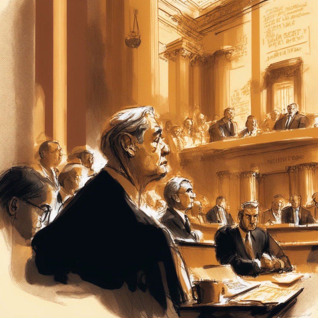 Intricate courtroom scene, Fed Chair Jerome Powell speaking, representatives listening intently, stablecoin concept sketch, digital tokens tied to sovereign currency, concerned expressions, warm lighting, muted color palette, soft brush strokes, subtle hints of tension and determination, a glimpse of proposed legislation, air of discourse and progress.