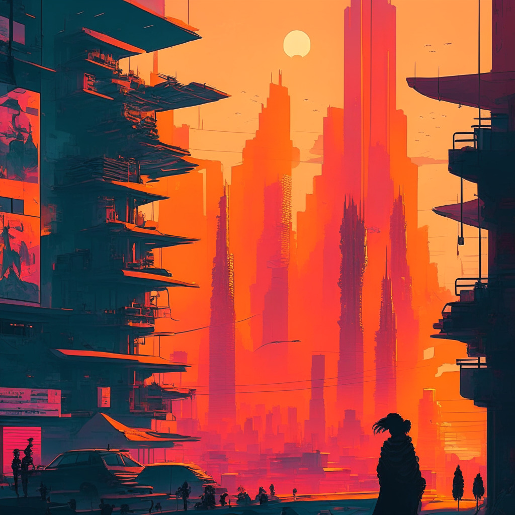 Intricate cityscape with crypto influence, soft sunrise glow, modern Asian architecture, mixed emotions, hopeful traders & cautious regulators. Diverse characters discussing the Fed rate decision, warm & cool color palette contrasts, hints of artistic cyberpunk influences, a vibrant yet subdued mood.