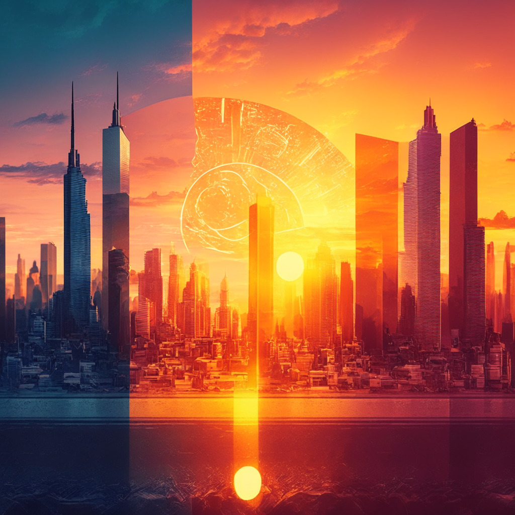 Centralized bank vs decentralized stablecoins scene, sunset over futuristic city skyline, contrasting traditional bank and DeFi, soft glow of setting sun, warm and cool color scheme, accessible global financial world, tension between old and new, focus on inclusivity, borderless transactions, unrestricted nature, mood of innovation and change.