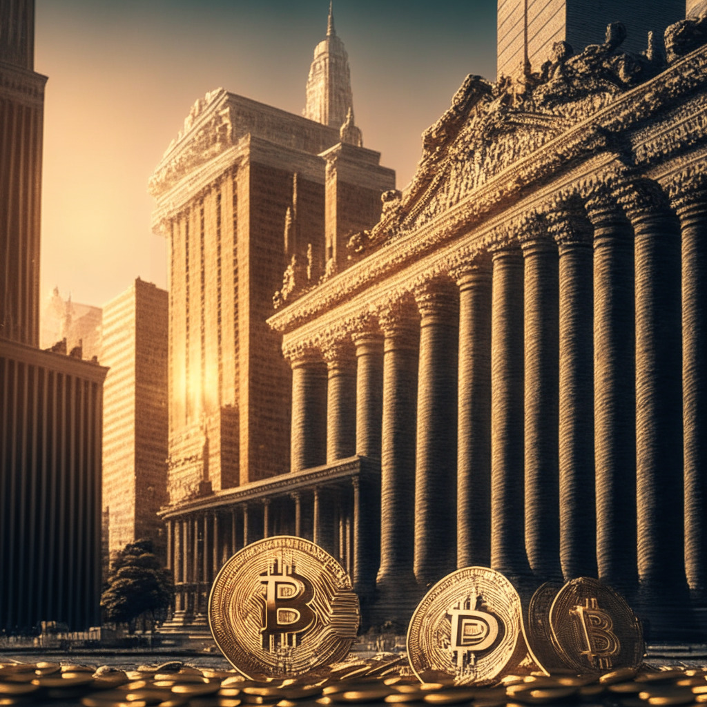 Intricate cityscape with crypto coins, Federal Reserve building in the background, mix of warm and cool tones, soft evening light, Baroque style, hopeful yet uncertain mood, Bitcoin & Ethereum with 3.32% & 5.16% loss respectively, featured cryptos WSM, BNB, ECOTERRA, INJ, YPRED, FTM, LPX.