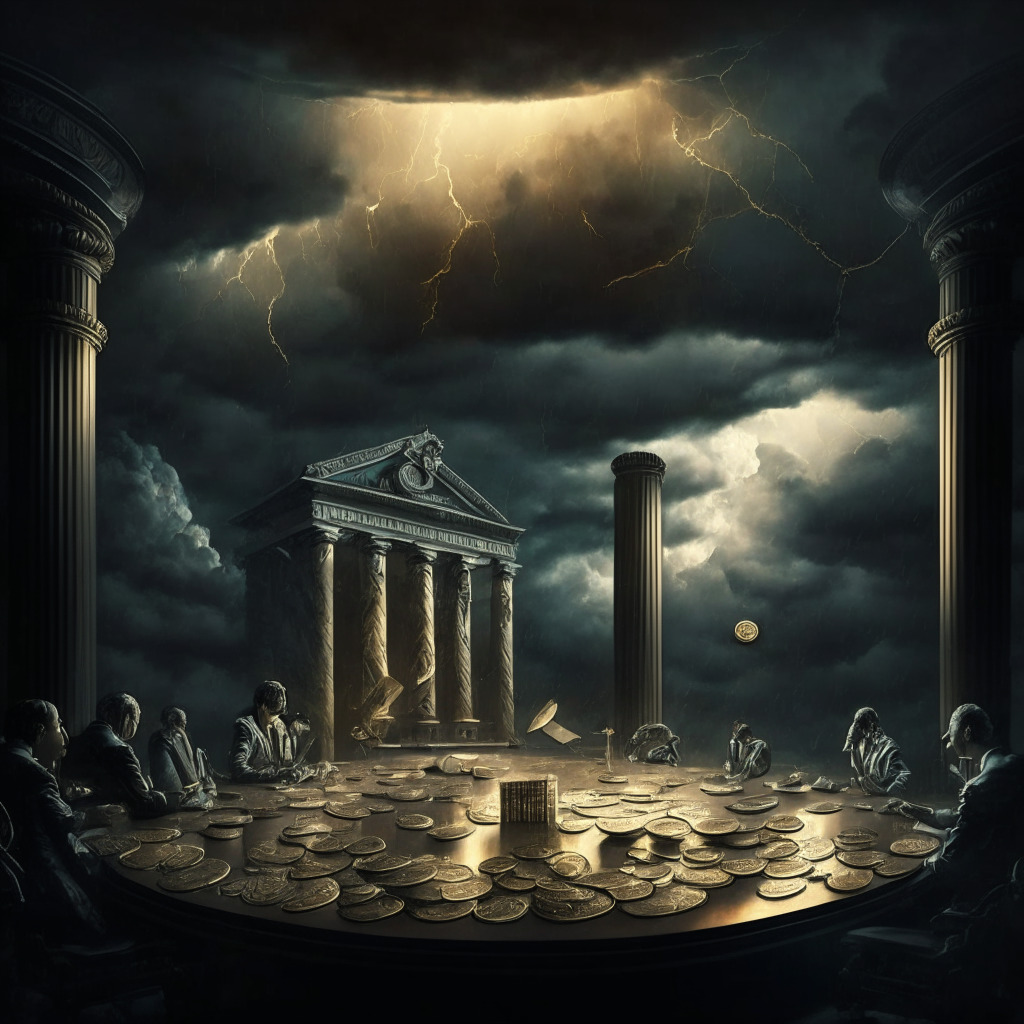 Intricate central bank scene, gold and silver coins, cryptocurrency symbols, scales balancing growth and inflation, stormy sky, spotlights illuminating a meeting table, muted color palette, chiaroscuro lighting, intense atmosphere, Baroque-inspired composition, future uncertainties looming.