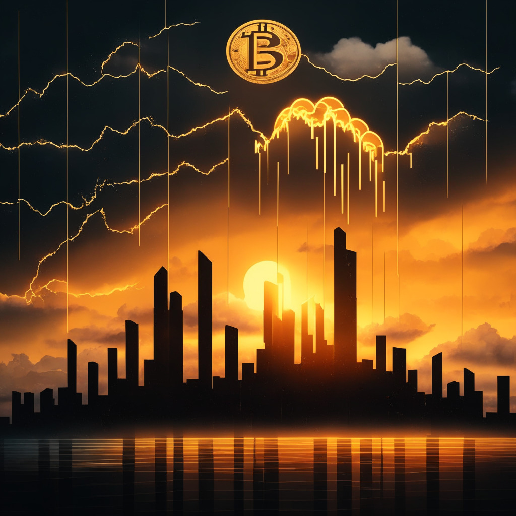 Sunset-lit skyscape, Bitcoin icon, unsure investors, Federal Reserve building, Jerome Powell, downward arrow, dark storm clouds, gold & silver bars, Binance logo, chart patterns, candlestick formation, 4-hour timeframe, 23.6% retracement, ICO tokens, contrasting hues, somber mood, undercurrent of uncertainty.