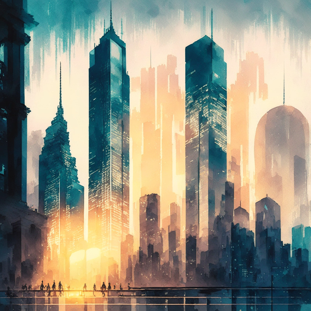 Intricate cityscape with a futuristic stock exchange, artistic watercolor style, dusk lighting, calming tones: serene vibe. Featuring Bitcoin symbol illuminated on a skyscraper, traders analyzing data, reflections of thriving employment numbers, subtle shadow of a debt ceiling & low VIX over the city.