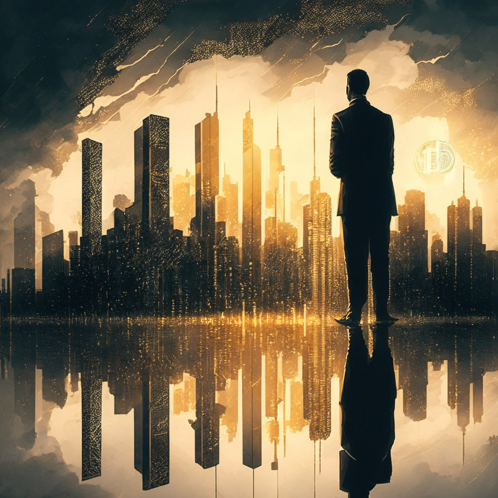 Intricate city skyline at dusk, dramatic clouds, gold and silver hues, abstract financial charts hovering, somber mood, man pondering an intersecting question mark with a Bitcoin logo, scattered alternative cryptocurrencies, light reflecting off glass buildings, cold and warm tones.