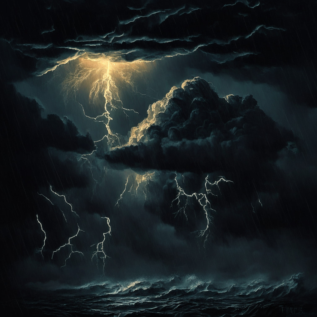 Cryptocurrency storm, hawkish Fed announcement, uncertain market, dark moody atmosphere, dimly lit, artistic chiaroscuro style, worried investors analyze BTC, ETH, WSM, AI, contrast between dark volatile skies & bright promising projects, ray of hope in a turbulent financial world.