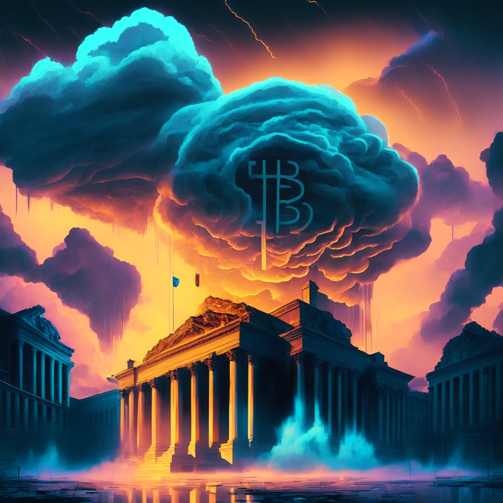 Cryptocurrency market at dusk, Federal Reserve building in background, abstract inflation cloud looming, cool color palette, chiaroscuro lighting, baroque style, dynamic composition, mix of hope and uncertainty, intense mood, economy as art. No brands/logos. 350 characters max.