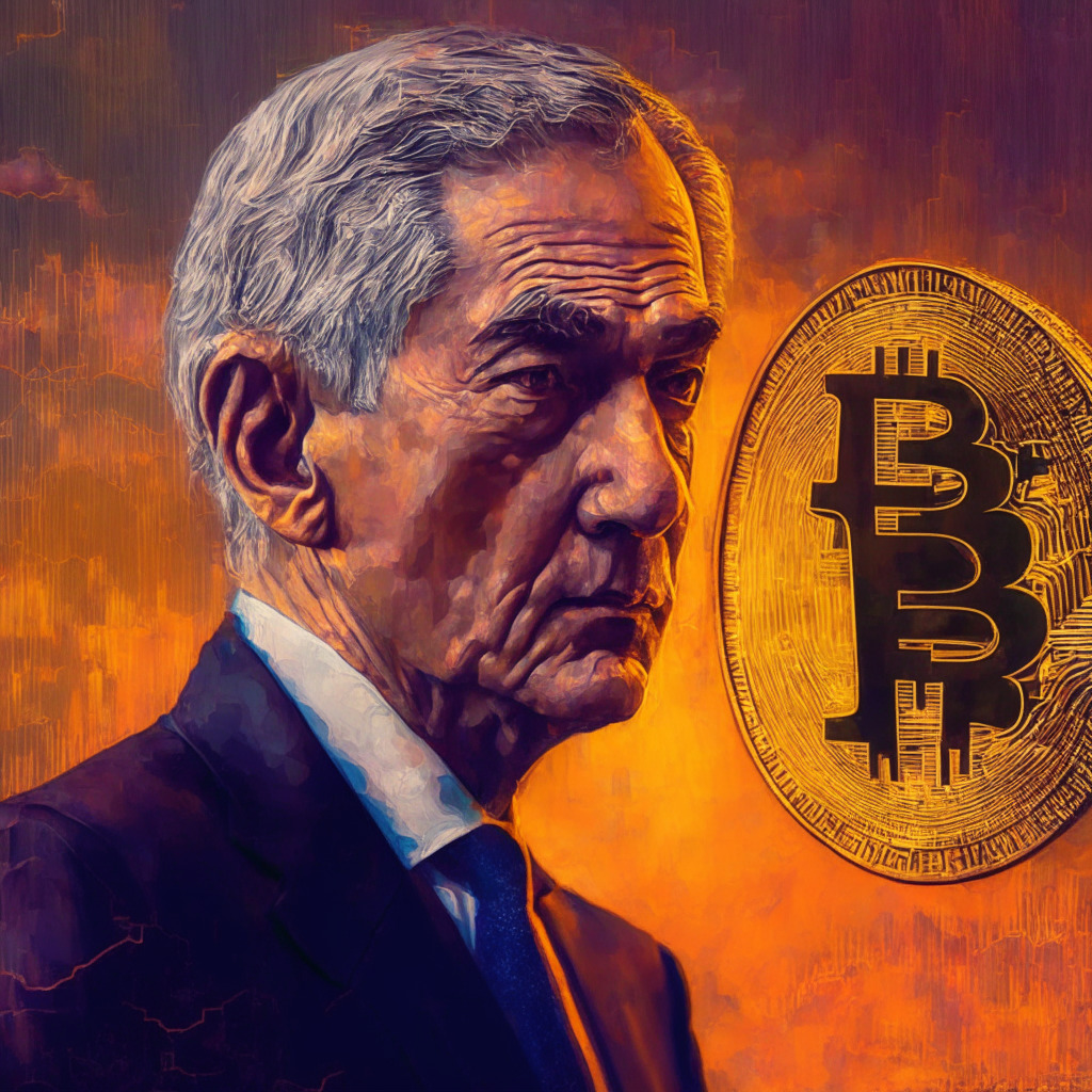 Cryptocurrency market uncertainty, Jerome Powell's speech, fluctuating Bitcoin price, no interest rate cuts till 2023, persistent inflation, 2024 rate cuts possibility, volatile economy, gloomy ambiance, subdued color palette, investors pondering over digital coins, shadow of the Fed's decisions, intricate financial web, oil-painting effect.
