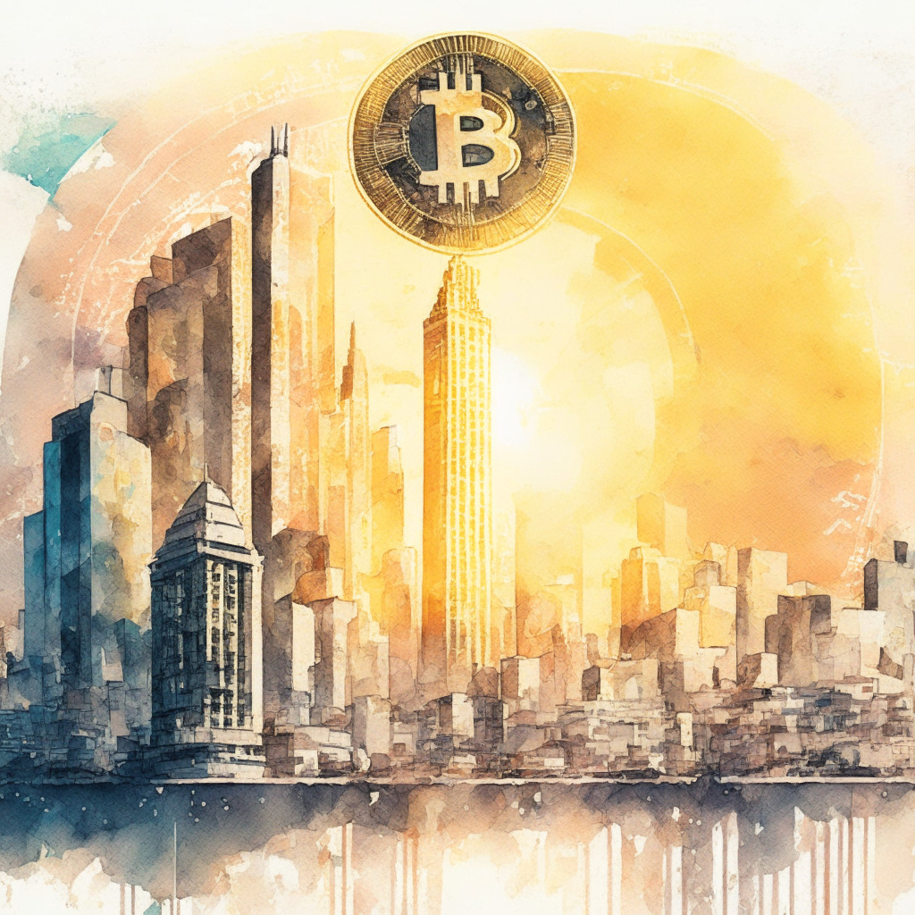 Intricate cityscape with Bitcoin symbol, Fed building, and an inflation gauge, watercolor style, soft sunset glow, elements of economic stability, mood of cautious optimism, intricate detail on economic data charts, balanced composition reflecting equilibrium.