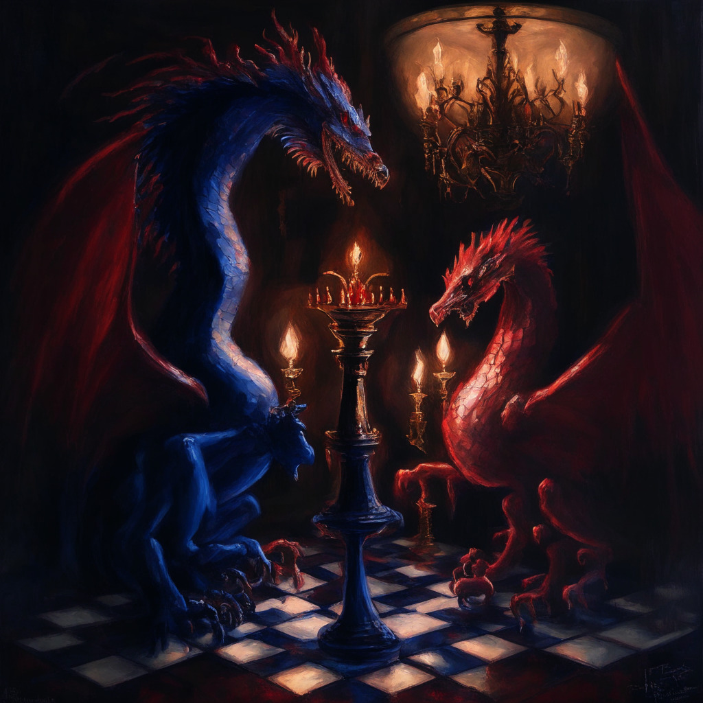 A high-stakes chess game under a dimly lit chandelier, textured in oil paint style. Gargantuan beasts represent financial institutions, a prevalent air of uncertainty lingers. One side, a dragon, embodies regulatory constraints, the other, a griffin symbolizes Fidelity with a BTC coin held in its talons. Muted crimson and cobalt hues exhale tension, anticipation washed in onlookers' eyes.