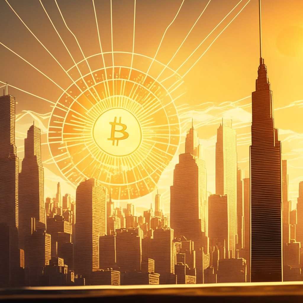 Vintage-style cityscape, warm golden sunlight, Bitcoin coin soaring over skyline, optimistic mood, Fidelity building in background, subtle waves of upward trend lines, financial district setting, altcoins softly glowing below, $38,000 price goal shining on horizon.