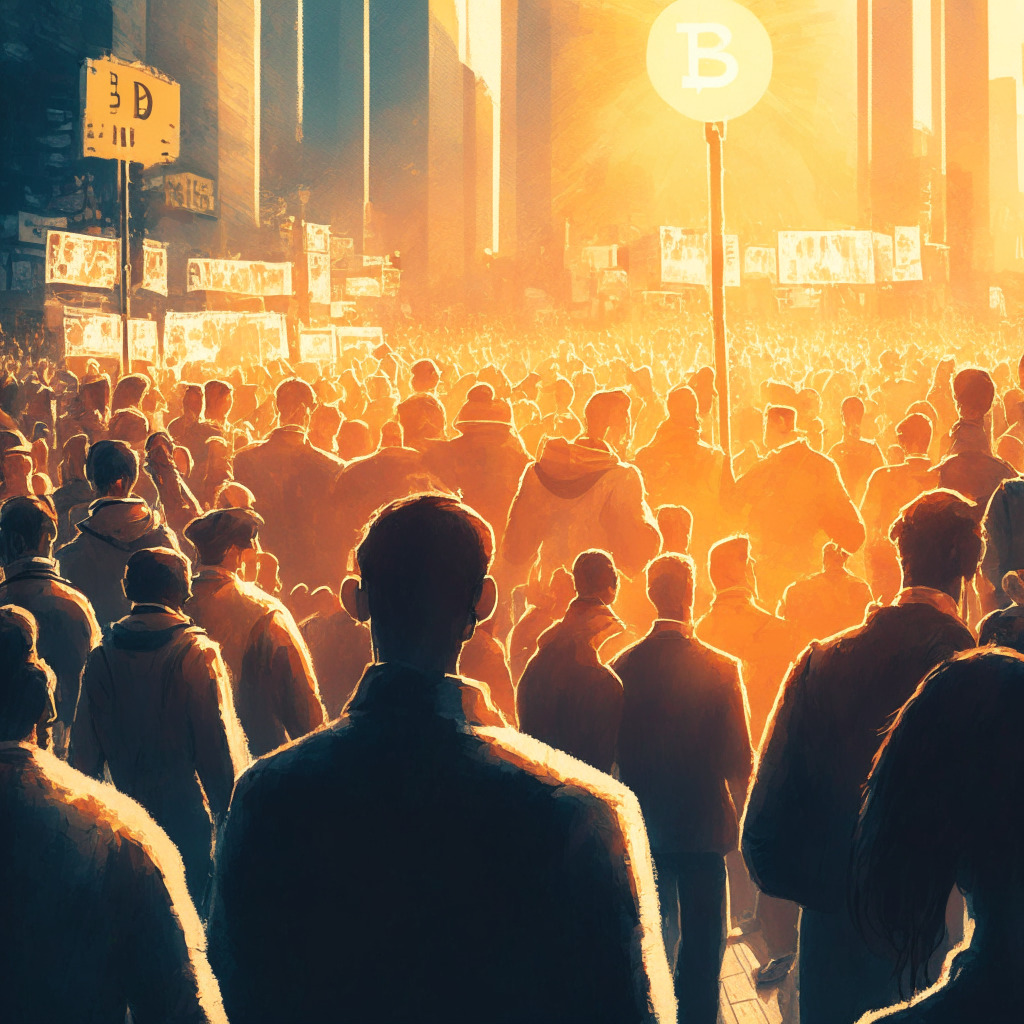 A bustling stock market rendered in impressionist style, full of people, tall buildings, and glowing screens showing Bitcoin symbols. The setting sun bathes the scene in a calm, hopeful glow, casting long shadows over the busy traders. Amidst the crowd a single trader stands out, their eyes fixed on a screen showing the BCH symbol on the rise.