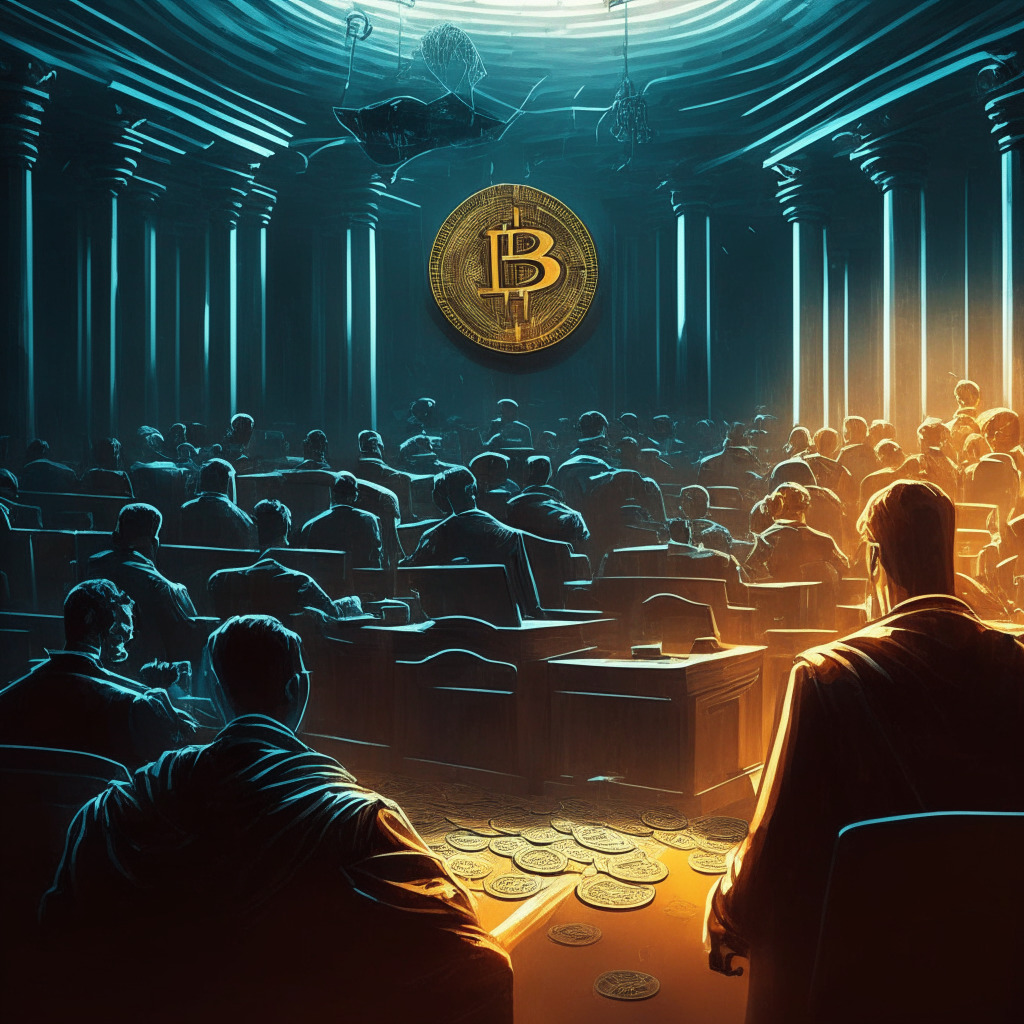 Cryptocurrency scandal, intense courtroom battle, contrasting shadows, tense mood, blockchain underbelly, $700 million dilemma, financial ethics, transparency emphasized, high-profile personalities, risk and due diligence, metamorphosing security and hope for the industry.