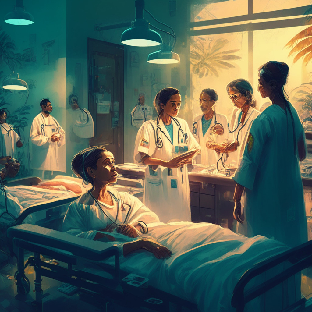 Intricate hospital scene, Brazilian setting, warm lighting, impressionist style, hopeful mood: medical staff treating patients, diverse people using cryptocurrencies for various transactions, background featuring Latin American scenery, subtle digital finance elements incorporated throughout.
