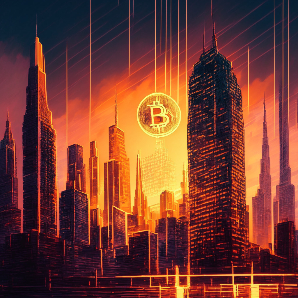 Intricate cityscape at dusk, financial district with skyscrapers, SEC building in foreground, Bitcoin symbol as a neon sign, 2x ETF visualized as rollercoaster, warm hues of sunset, moody chiaroscuro lighting, oil painting style, reflecting the milestone and uncertainty of first leveraged BTC futures ETF.