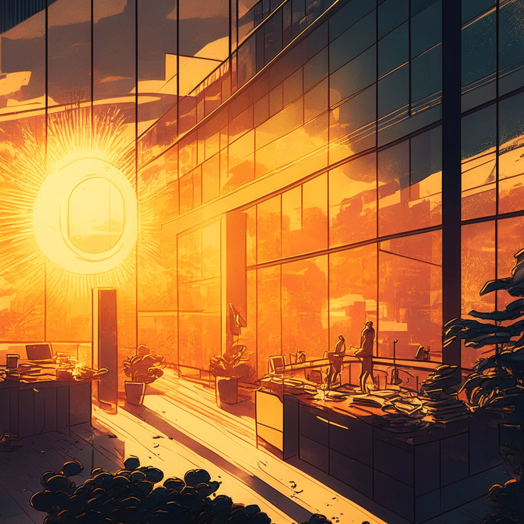 Sunset-lit SEC office, 2x Bitcoin Strategy ETF in spotlight, investors divided, figures with both excitement & skepticism, blend of futuristic & traditional art style, gold-hued highlights, euphoric & uncertain moods, focus on potential growth & risks, innovative vs. cautious perspectives.