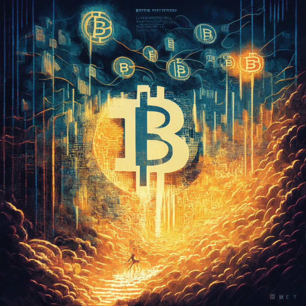 Intricate financial landscape, 2x Bitcoin Strategy ETF approval, stylized SEC logo, bright light illuminating a volatile market, triumphant mood with underlying caution, dynamic brushstrokes, a rising chart reflecting Bitcoin's price recovery, various financial players racing towards Bitcoin ETFs, hints of risk in the shadows.