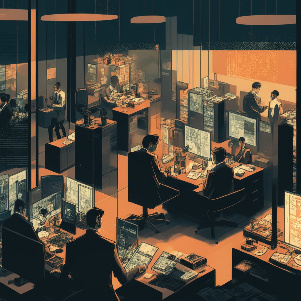 Intricate crypto trade scene, Japanese and Singaporean traders, dimly lit modern office, warm color palette, confident mood, sophisticated risk management techniques depicted, Bitcoin collateral emphasized, R3's Corda Network illustrated, multi-custodian structure, blockchain transactions showcased, sense of security and innovation.