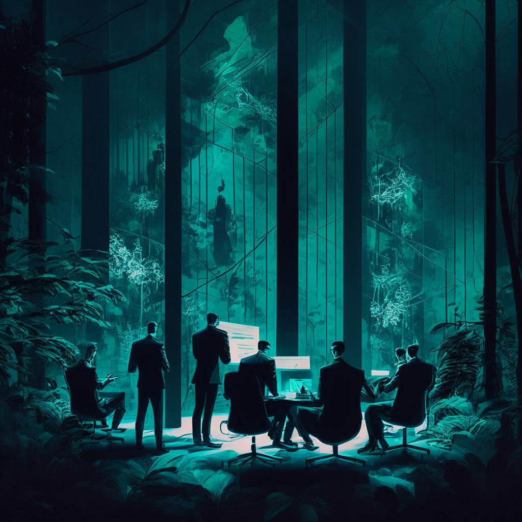 Crypto research firm personnel changes, $1B valuation, moody conference room, diverse team debating MEV & blockchain's future, chiaroscuro lighting, ethereal glow from computer screens, cubist style, intellectual tension, discovering innovative solutions in the dark forest.