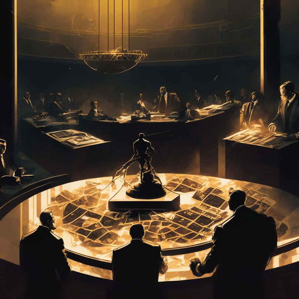 Intense power struggle scene, former Binance.US CEO, dimly lit high-stakes atmosphere, tense legal battle, SEC courtroom background, contrasting light and shadows, crypto market's balancing act, intricate balance scales depicting innovation and regulation, subdued somber colors, complex network connections, air of uncertainty, no logos visible.