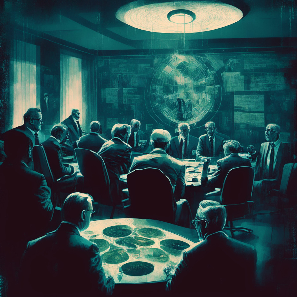 Regulatory meeting amidst cryptostorm, former CFTC chair assisting Circle, intense discussion in warm, low-lit room, diverse array of people and ages, steely determination and focus, vintage artwork on walls reflecting financial history, mood of constructive optimism, contrast between traditional finance and futuristic Web3 integration.
