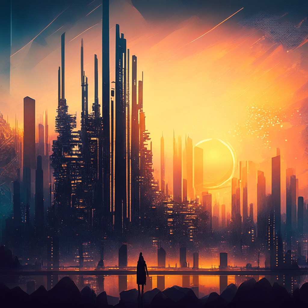 Intricate cityscape with blockchain elements, former Meta exec in foreground, gentle sunrise, impressionistic style, dark-to-light gradient emphasizing growth, optimism and innovation, subtle reference to STARK Proofs, global interconnectivity, futuristic atmosphere celebrating decentralization.
