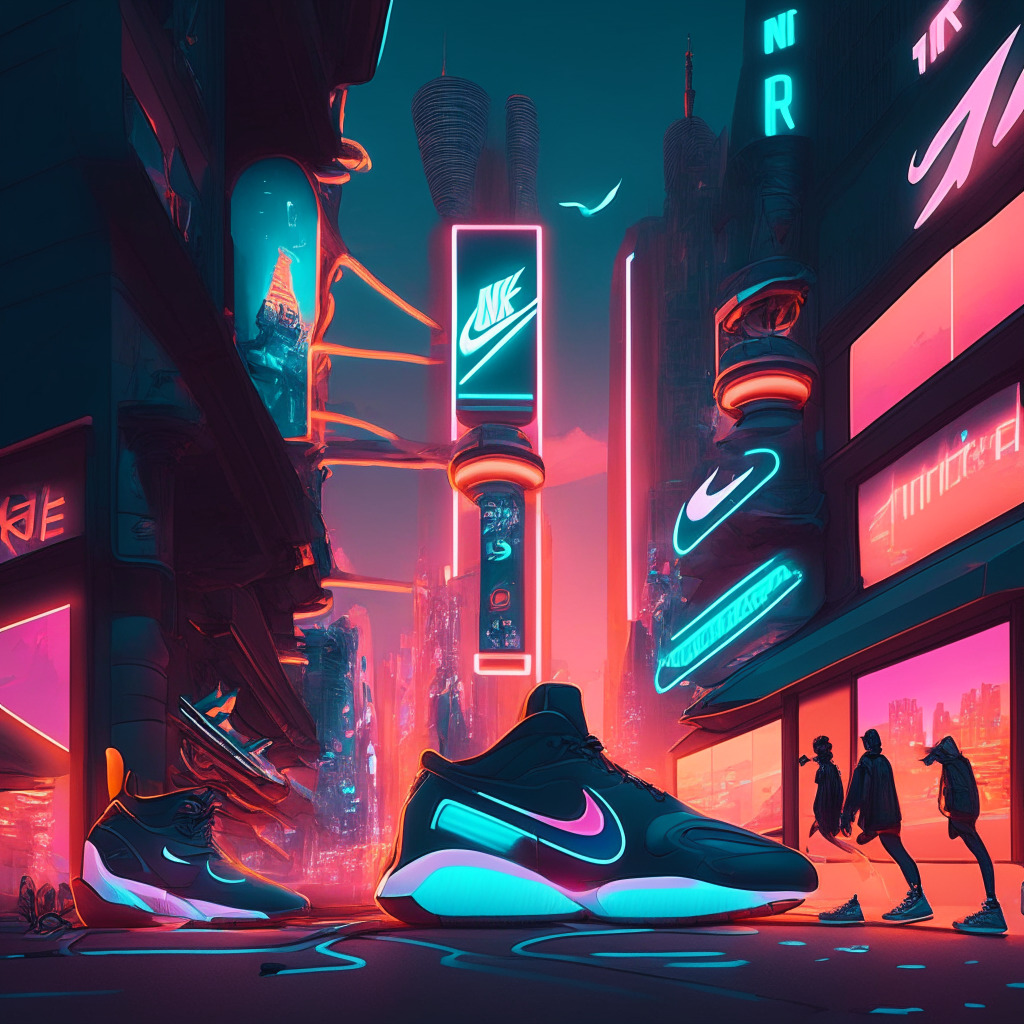 Futuristic game world at dusk, Nike-branded virtual experience, players in a lively sneakerhunt, iconic Air Max-inspired accessories, neon-lit street, shadows cast by futuristic buildings, digital-art aesthetic, dynamic metaverse environment, blending blockchain and gaming elements, sense of mystery and anticipation.