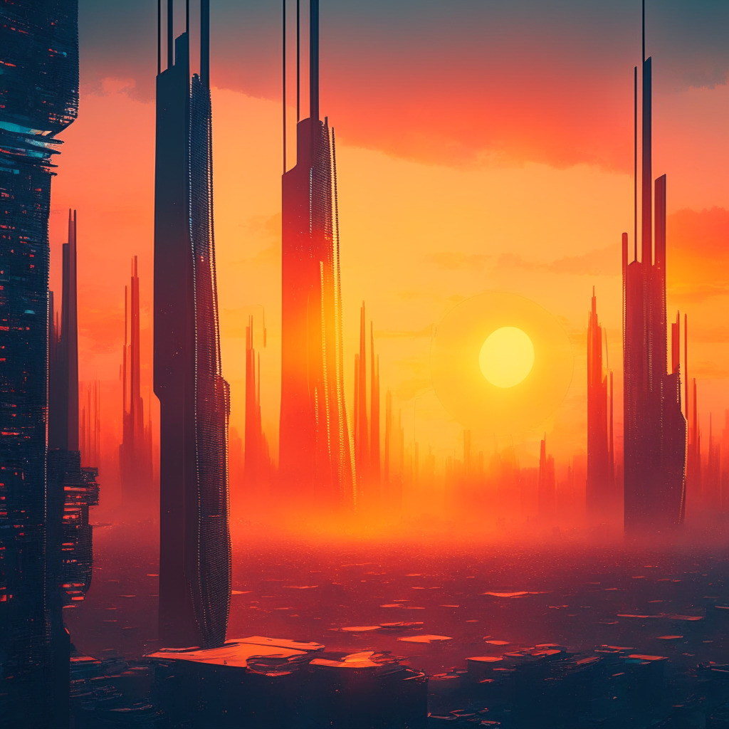 Sunrise over a futuristic city, Fortune 500 companies exploring crypto, blockchain-powered infrastructure, supply chains, and data collection, executives discussing adoption, warm color palette, contrast between innovation and regulatory uncertainty, hopeful yet cautious atmosphere.