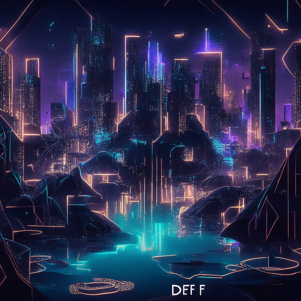 Futuristic DeFi landscape with Fraxchain integration, intricate decentralized city, glowing ethereal lights, somber yet optimistic mood, partially collateralized ETH stablecoin prominently featured, an abstract EVM-compatible layer-2 in the backdrop, dynamic staking model visual cues, veFXS token rewards illustrated, hints of complexity, and a touch of artistic uncertainty.